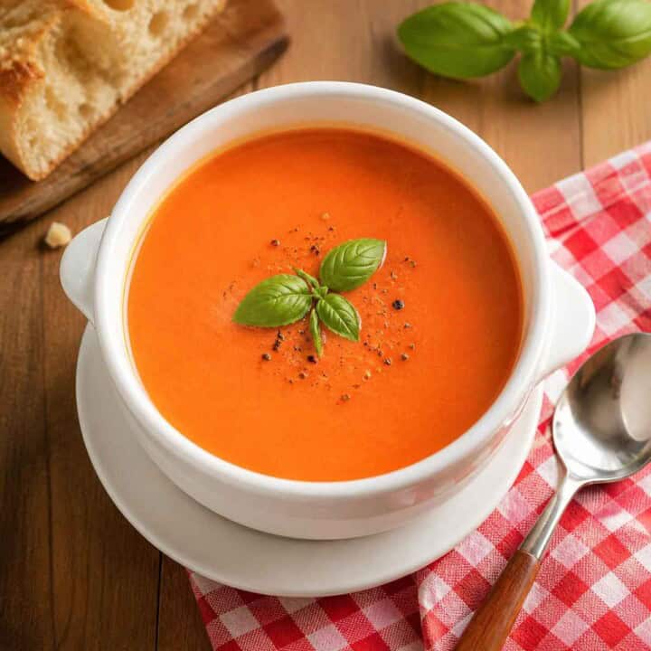 Homemade tomato soup from tomato puree and fresh tomatoes.