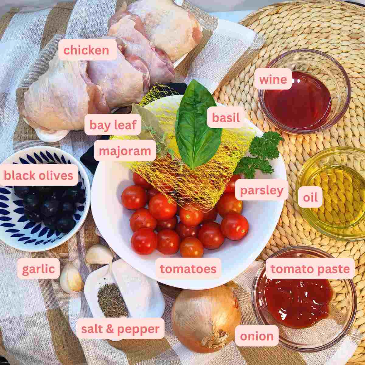 Labelled photo of the ingredients for chicken Provencal cooked in tomato sauce.