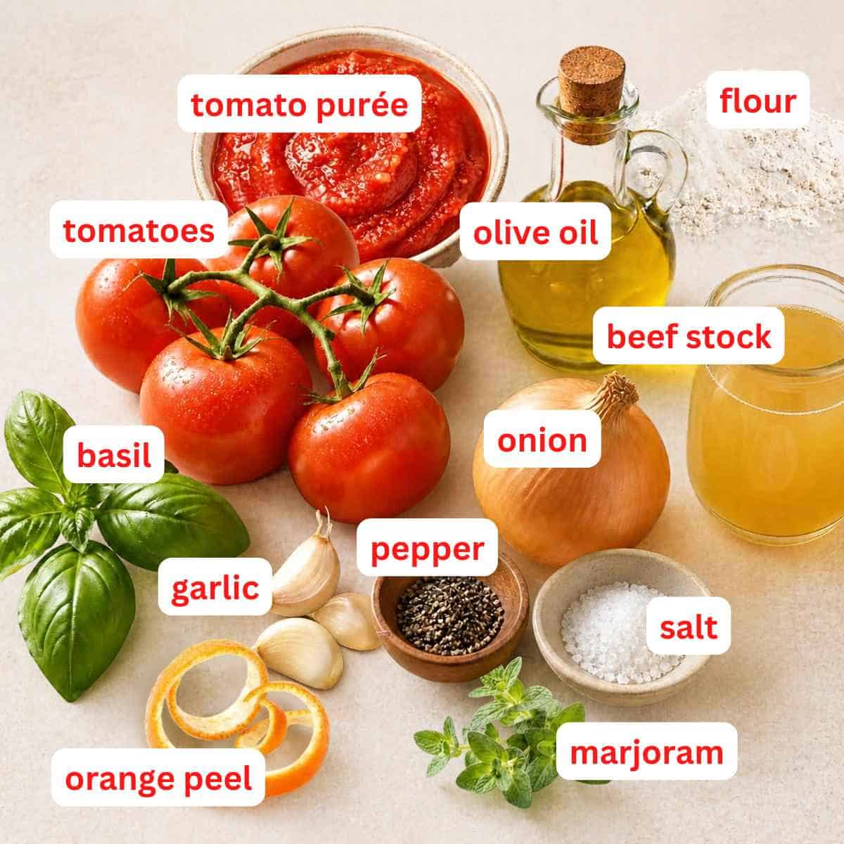 A labelled ingredient picture of tomato soup recipe.