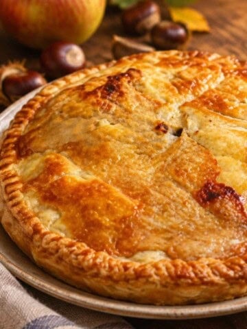 Pork, apples, and chestnuts baked in a pastry crust.