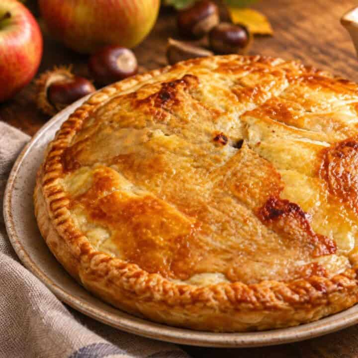 Pork, apples, and chestnuts baked in a pastry crust.