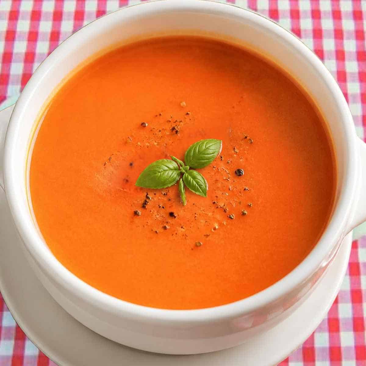 Tomato soup made with a choice of herbs, basil or marjoram.