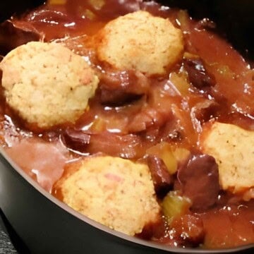 Venison browned then stewed with a variety of vegetables.