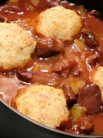 Venison browned then stewed with a variety of vegetables.